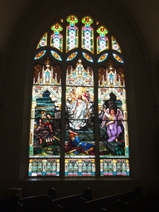 Stained glass depiction of the Resurrection on east wall of sanctuary